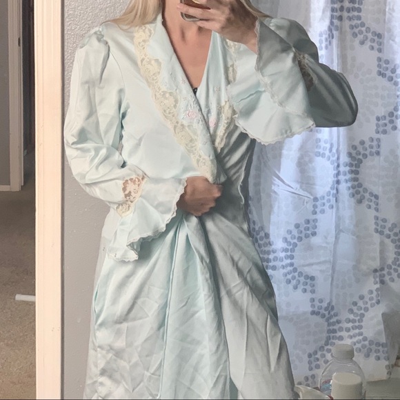 Vintage 80s Sara Beth Pastel Satin Robe Night Gown - Picture 1 of 15